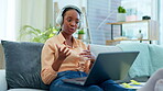 Black woman, laptop and video call for sofa e learning, education webinar or university presentation for living room studying. Smile, happy and talking student on technology for online college class