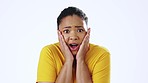 Face, black woman and surprise with shock, wow and anxiety with lady isolated on white studio background. Portrait, Jamaican female and girl with emoji reaction, scared and anxiety for news or amazed