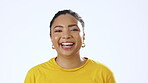 Face, funny and laughter with a black woman in studio isolated on a white background enjoying humor. Portrait, fun or joking and an attractive young female being happy with laughter or a smie indoor