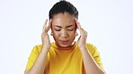 Stress, tired and black woman with headache pain isolated on white background in a studio. Burnout, sick and African girl massaging her temple for a migraine, discomfort and mental health on backdrop