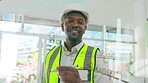 Black man, engineer and writing on glass board for planning, construction or architecture with solution with smile. African engineering expert, brainstorming and problem solving with ideas in office