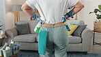 Woman, housekeeper and hands on back with detergent in living room for disinfection, hygiene or chores at home. Rear view of female cleaner holding spray bottles for sanitizing or cleaning service