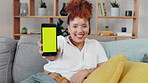 Black woman, mockup phone screen and face smile in house for advertising promotion, online news and technology. Portrait of happy girl, smartphone mock up and mobile notification of digital marketing