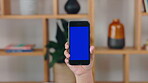 Person, hands and blue mockup phone screen in house for advertising promotion, contact and technology. Closeup, smartphone mock up and mobile website of digital marketing, social media and app space