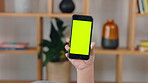 Person, hands and mockup phone screen in house for advertising promotion, online news and technology. Closeup, smartphone mock up and mobile notification of digital marketing, multimedia or app space