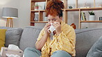 Sick woman, tissue and blowing nose in home for allergies, cold virus and illness bug. Sneeze, flu and allergy of black female on couch in recovery from health problem, medical risk and sinus disease