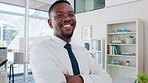 Corporate, happy and portrait of a black man with arms crossed for business and management. Smile, professional and face of an African employee with pride, confidence and happiness at a workplace