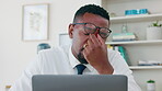 Stress headache, burnout and black man in office exhausted and overwhelmed with workload. Frustrated, overworked and tired African employee with glasses and anxiety from deadline time pressure crisis