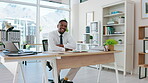 Face of business black man at office desk for administration, office management and planning in leadership mindset. Happy african worker, employee or professional person in corporate workplace or job