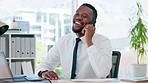 Typing, laptop and executive black man on a phone call for business, contact and communication. Happy, networking and African employee working on a computer while talking on a mobile for connection