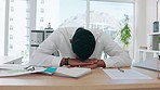Corporate black man, tired and sleep at office desk for burnout, depressed or overworked. African businessman, exhausted or mental health for relax, fatigue or sleeping for fatigue at workplace table