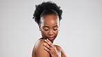 Black woman, skin and beauty with skincare and cosmetics, smooth and spa treatment on studio background. Dermatology, glow and wellness with female content with cosmetic care with self love and face