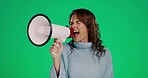 Megaphone, shout and woman in a studio for protest, activism and human rights with chroma key. Scream, activist and female yelling in bullhorn for social justice, change or feminism by green screen.