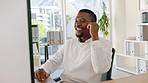 Happy call center, black man and talking on computer, customer service and crm help desk. Agent, telemarketing consultant and smile communication on desktop for telecom, sales consulting or questions