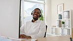 Call center, black man and smile on computer, customer service and crm help desk in office. Happy portrait face of agent, telemarketing consultant and business support of telecom salesman consulting