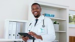 Face, black man and doctor with tablet, telehealth and update charts in workplace, smile and search internet. Portrait, Nigerian male employee and medical professional with device, tech or innovation