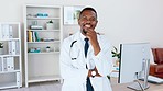 Face, black man or doctor with success, healthcare or wellness with happiness, leadership or skills. Portrait, African American male employee or medical professional with smile, innovation and office