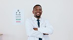 Face, black man and optometrist with smile, arms crossed and success in hospital with confidence. Portrait, African American male employee or medical professional with leadership, happy or healthcare