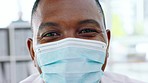 Covid face mask, doctor and portrait of black man with bacteria, corona virus or disease safety protection. Hospital compliance, medical policy or eyes of healthcare nurse, surgeon or clinic worker  