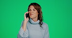 Phone call, laughter and a woman on a green screen background in studio while talking or joking. Mobile, contact and funny with an attractive young female laughing at a joke during conversation