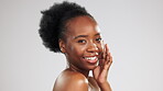 Face, skincare and beauty of black woman in studio isolated on a gray background mockup. Dermatology portrait, makeup cosmetics and smile of happy female model with facial treatment for healthy skin.