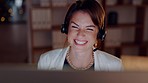 Crm, laughing or happy woman consulting in call center explaining, consulting or talking at customer support. Face, funny joke or sales consultant in a telemarketing or telecom communications company