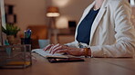 Keyboard, typing and hands check time in office while working late on email, project or report online. Computer, keypad and business woman or person writing, planning schedule on watch and research.