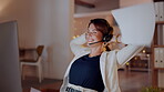 Relax, success or woman in call center with a happy smile on target for winning a telemarketing bonus. Papers in air, night or sales woman in customer services stretching after crm goals or b2b deal