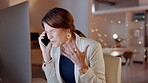 Woman, phone call and angry in office at night, disagreement or speaking to contact. Cellphone, professional and upset or frustrated person with mobile for argument, stress or business discussion.