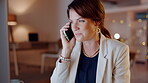 Night phone call and woman on computer for international communication, global client or office discussion. Happy employee or business person talking on smartphone, tech support and desktop advice