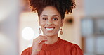 Black woman, business portrait and smile of a leader in office for motivation, growth and work. Face of entrepreneur person at corporate company for management, happy mindset or professional career 