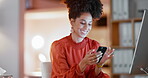 Black woman, night business and typing with cellphone at computer, office desk and online app. Happy worker, overtime and smartphone for reading notification, social media tech and network connection