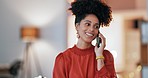 Night business, black woman and talking on smartphone call in office, company and tech communication. Happy worker, cellphone and conversation for overtime, mobile networking and contact connection