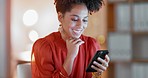 Happy black woman, night business and typing with smartphone at company, office desk and online app. Female smile, overtime worker and cellphone for notification, network and thinking of mobile tech