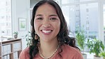 Happy, smile and face of woman in her office with confidence, leadership and success. Happiness, proud and portrait of a professional Asian female employee with positive mindset standing in workplace