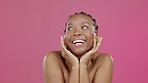 Model hands, tongue or beauty on isolated pink background for comic skincare glow, self love or silly comedy. Smile, happy or black woman with funny face, natural makeup cosmetics or goofy expression