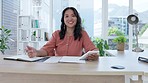 Business woman, face and reading tablet, notebook or paper documents in office planning, company growth or management. Smile, happy and asian worker portrait on technology for handheld agenda review