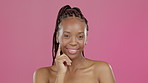 Black woman, laughing or face beauty on isolated pink background for skincare glow, self love or healthcare aesthetic. Smile, happy or model portrait with natural makeup cosmetics, pride or wellness