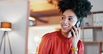 Business, phone call and black woman in workplace, connection and communication. African American female employee, leader and happy entrepreneur with smartphone, conversation or planning for schedule