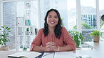 Business woman, face and notebook writing for office planning, company growth or agenda management. Smile, happy or asian worker portrait with paper, documents or books for handheld feedback review