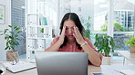 Burnout, laptop and headache with asian woman in office for stress, glitch and report deadline. Pain, mental health and fatigue with employee suffering at desk for frustrated, problem and overwhelmed