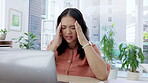 Stress, laptop and headache with asian woman in office for burnout, glitch and report deadline. Pain, mental health and fatigue with employee suffering at desk for frustrated, problem and overwhelmed