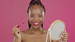 Black woman, face or beauty lipstick mirror on isolated pink background in skincare makeup, grooming or mouth aesthetic product. Smile, happy or model portrait and lip gloss, cosmetics or lips liquid