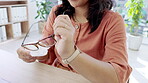 Woman hands, cloth or cleaning glasses in clear eyes healthcare, business work preparation or dust removal. Vision, eyewear or lens fabric for frame, smile or happy employee in creative modern office