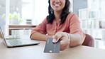 Woman, laptop and hands with credit card for ecommerce or online shopping at office desk. Hand of happy businesswoman by computer for internet banking, purchase or transaction at the workplace