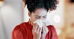 Sick business woman, sneeze and blowing nose from flu in night office for allergies, cold virus and illness bug. Tissue, black female and allergy of worker with health problem, medical risk and sinus