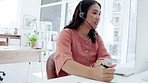 Asian woman, call center and consulting or writing notes in telemarketing, customer service or support at office desk. Happy female consultant taking note with headset explaining sales in contact us