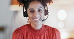 Call center, black woman and face for customer service, smile and sales receptionist at night. Portrait of happy telemarketing agent for communication, consulting or telecom administration in evening