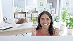 Asian woman, call center and computer in celebration for winning, sale or promotion at office desk. Happy female consultant or agent celebrating deal, bonus or victory in telemarketing or sales