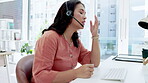 Asian woman, call center and consulting in frustration with difficult customer, confused or telemarketing at office. Annoyed female consultant upset, stressed or tired struggling with online client